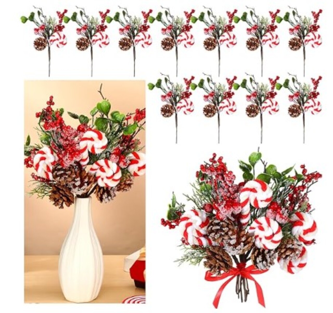 Artificial Christmas Picks (Set of 6) DIY Crafts with Berry Picks, Stems, and Pine Cones Christmas Flower Wreath Fake Tree Stems Xmas Gifts Holly Branches Gift Wrap with a Garland
